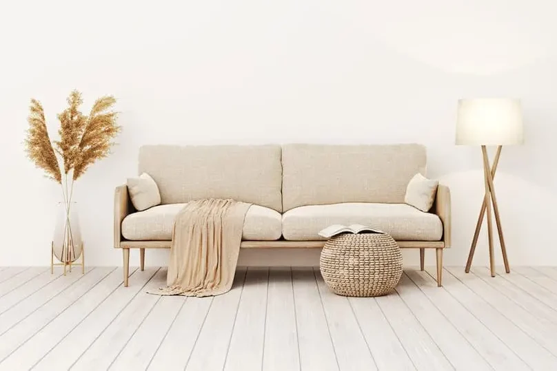 Light-colored sofa with a throw blanket, an ottoman with a book, dried pampas grass in a vase, and a floor lamp, perfect for demonstrating how to clean sofa fabric.